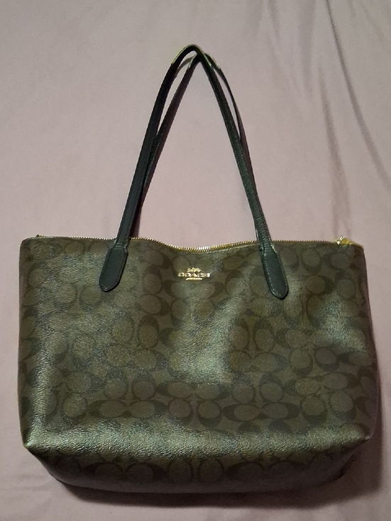 Coach Handbags - Coach Brown Signature Tote with Dark Green Handles